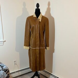 Burberry Tan Leather Coat with Shearling Trim